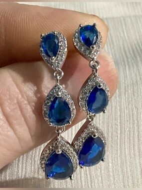 Blue Sapphire Three-Tiered CZ Halo  Silver Filled Drop Earrings